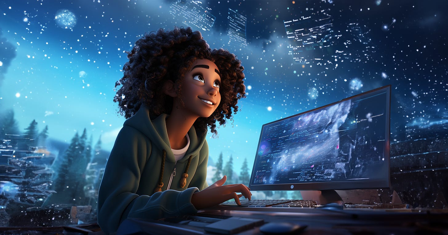 A teenage girl coding to outer space