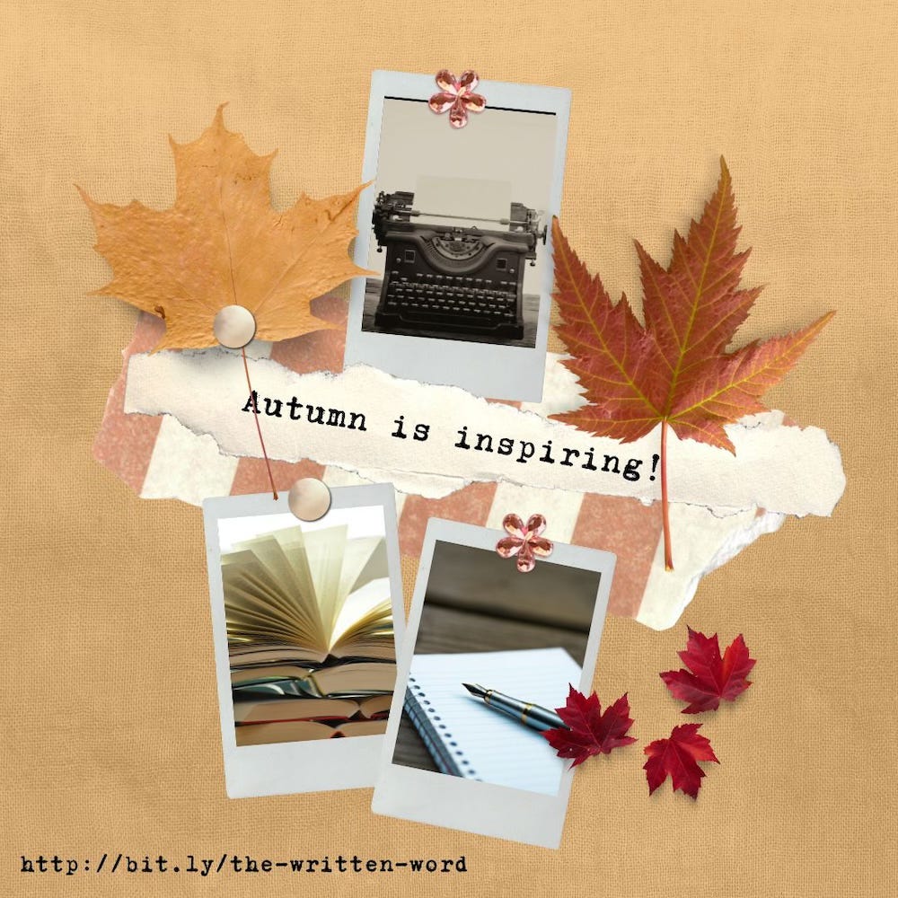 Autumnal picture featuring leaves and writing implements and books. Links to The Written Word quote service