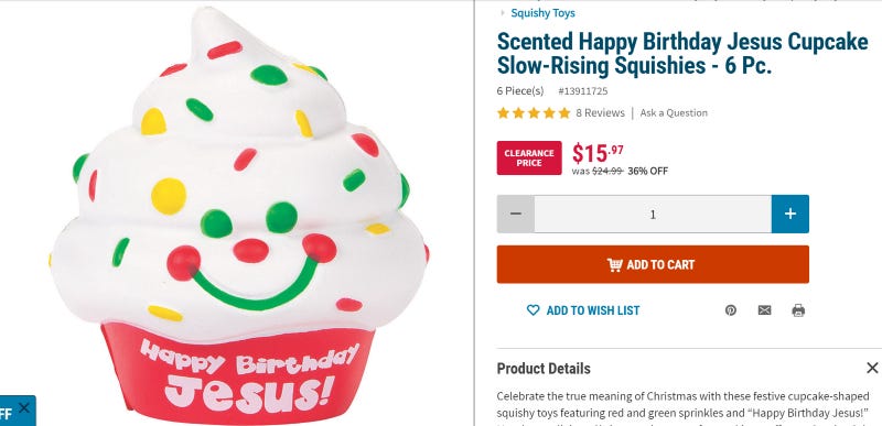 an advertisement for scented Happy Birthday Jesus cupcake shaped squishy toys like stress-balls