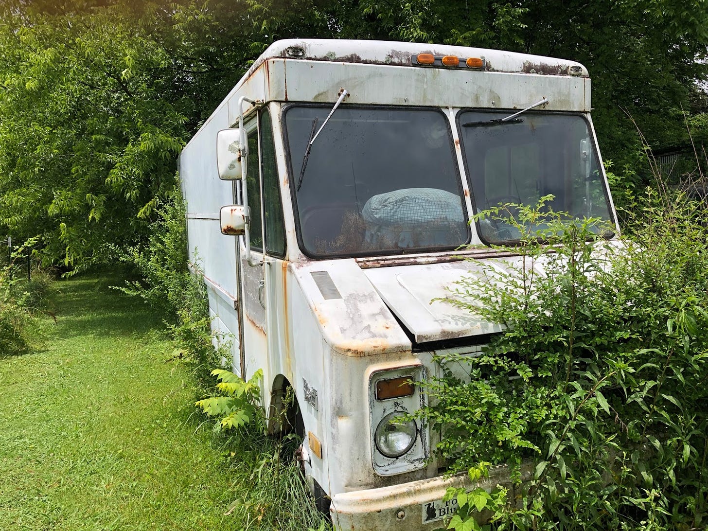 A box truck with weeds and shrubs growing through the grill and out from under it. It's rust and junk is piled in the windshield