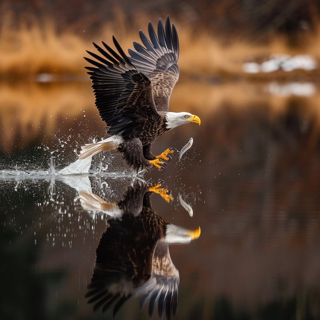 An eagle, touching the water surface with its feet and creating small ripples, catching a fish, and a perfect reflection of the water surface. Sony A1+200-60 --v 6.0