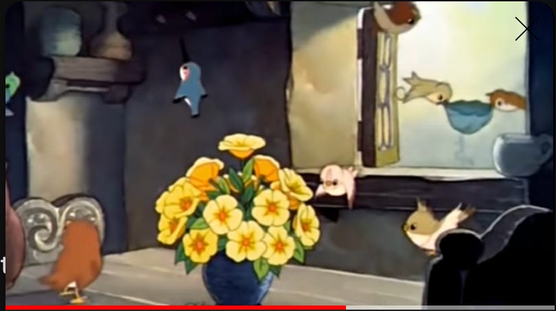Birds about to fly in through a window carrying a cloth filled with water, approaching a vase of flowers and the birds that have just arranged it