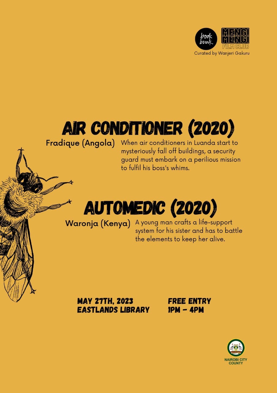 Original Mengi Mengi Film Club poster featuring 2 films - AIR CONDITIONER (2020); directed by Fradique of Angola and AUTOMEDIC (2020) directed by Waronja of Kenya