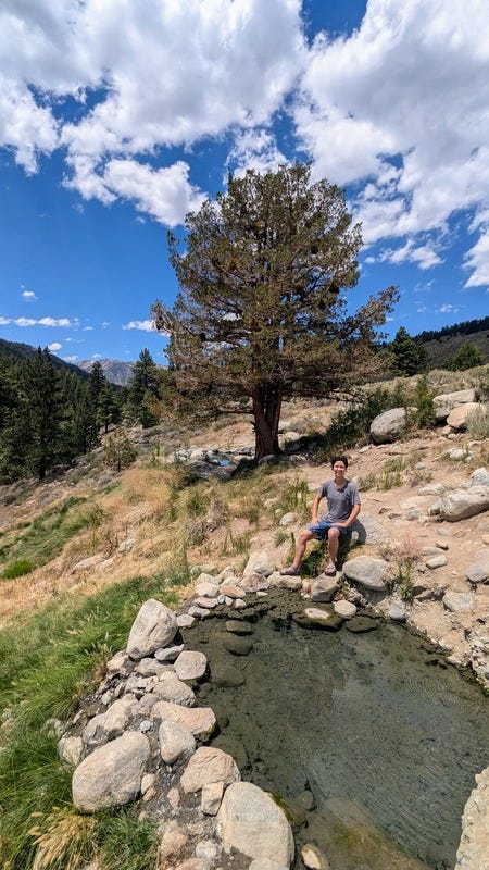 Rey sitting on a rock next to a hot spring, pine tree, blue sky, and mountains in the background