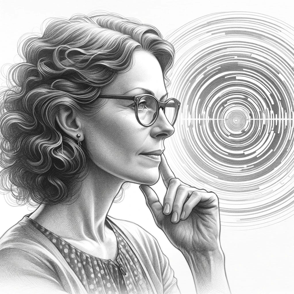 A pencil sketch of a youthful-looking 48-year-old woman with medium-length curly hair and glasses, deep in thought, speaking in a tranquil setting. There should be an abstract representation of concentric circles or sound waves around her head, symbolizing ChatGPT 'listening'. The sketch should convey her active and engaged mind, free of distractions, with a serene expression that reflects a mature yet youthful vigor, all rendered in detailed grayscale to capture the reflective mood.