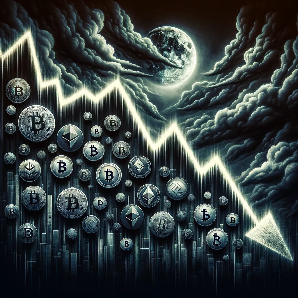 A dramatic and symbolic illustration depicting the concept of all cryptocurrencies going down in value. The image shows a steep, downward-sloping graph line against a dark, ominous background. The graph line is filled with various recognizable symbols of cryptocurrencies, like Bitcoin, Ethereum, and others, each symbolizing a different crypto coin. The overall atmosphere of the image is gloomy and foreboding, representing a significant downturn in the crypto market.