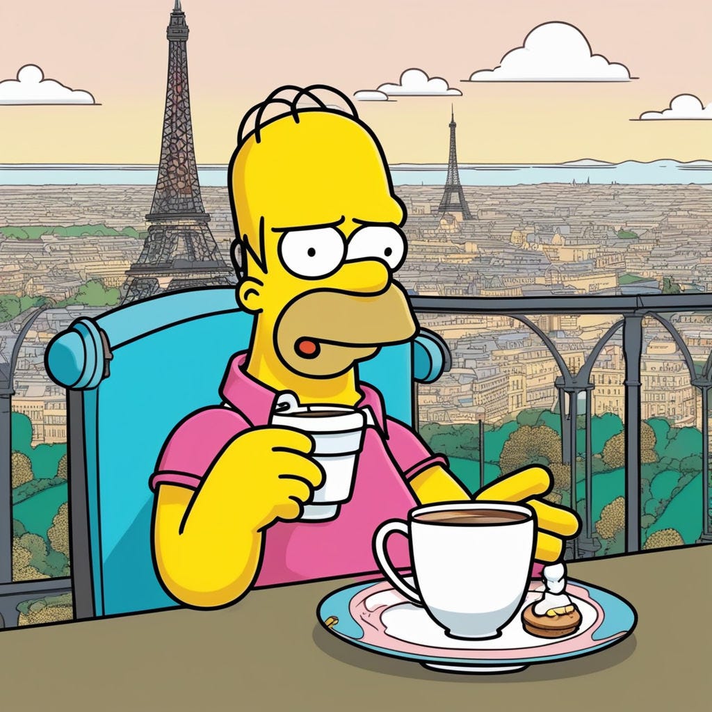 Prompt: Homer Simpson qui boit un café avec deux sucre sur la tour Eiffel de Springfield.