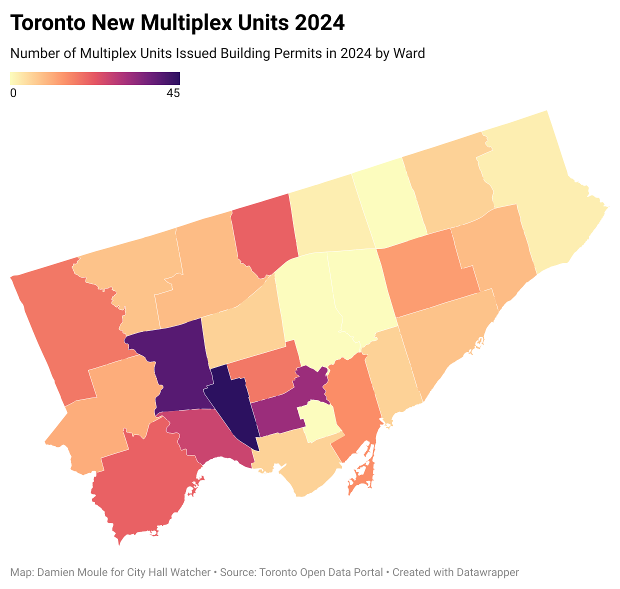 A ward map of Toronto, showing the number of multiplex unit permits approved in 2024