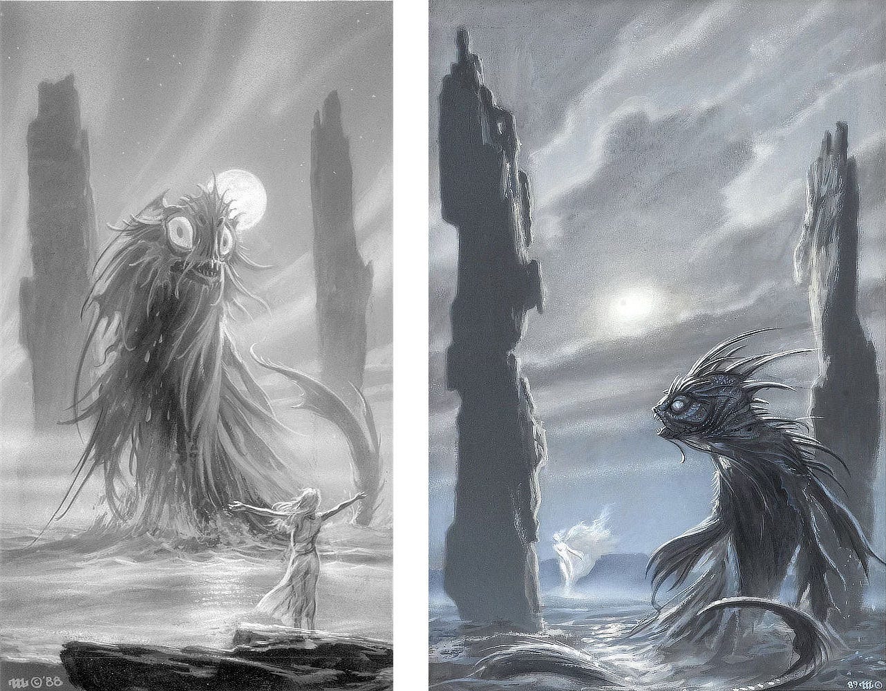 LEFT: Preliminary concept for THE CHANGELING SEA featuring a female figure in the foreground with her arms out wide as the sea creature wades to shore. RIGHT: OUT OF THE DEEPS (1988), Acrylic on illustration board - 9" x 6". Alternative concept for THE CHANGELING SEA. The point of view is focused past the sea creature in the foreground to a female figure, presumably on shore, with her arms out beckoning.