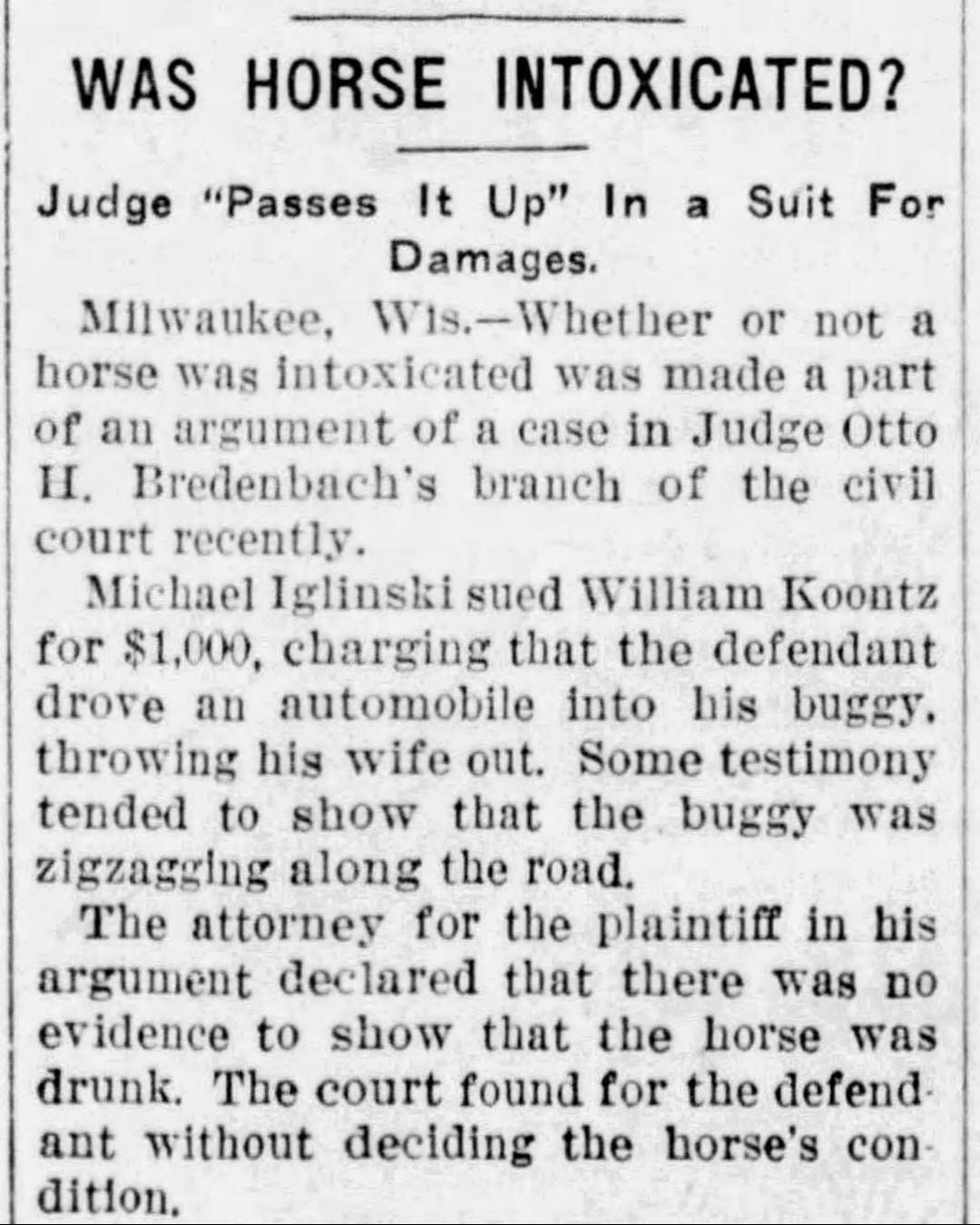 Drunk horse news article from Milwaukee, 1916
