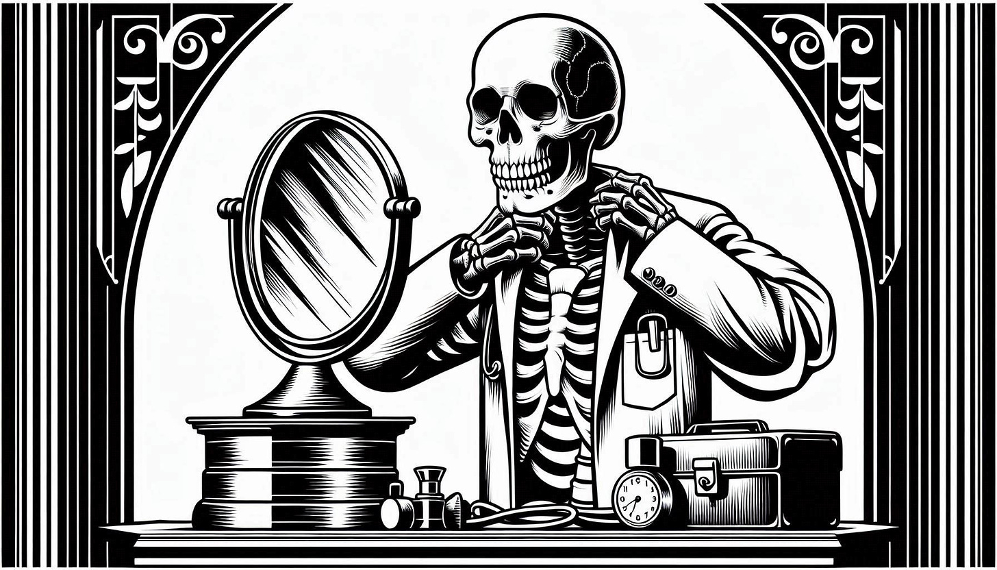 drawing of a skeleton doctor getting ready for work in the morning in black and white art deco style. Image 2 of 4