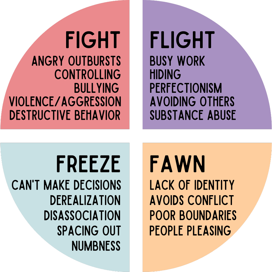 A pie chart divided into four equal portions labeled FIGHT, FLIGHT, FREEZE, and FAWN. The FIGHT section is red and lists angry outbursts, controlling, bullying, violence/destruction, and destructive behavior. The FLIGHT section is purple and lists busy work, hiding, perfectionism, avoiding others, and substance abuse. The FREEZE section is light green and lists can’t make decisions, derealization, disassociation, spacing out, and numbness. The FAWN section is light gold and lists lack of identity, avoids conflict, poor boundaries, and people pleasing.