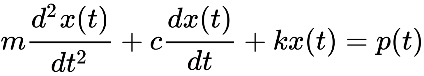 {\displaystyle m{\frac {d^{2}x(t)}{dt^{2}}}+c{\frac {dx(t)}{dt}}+kx(t)=p(t)}