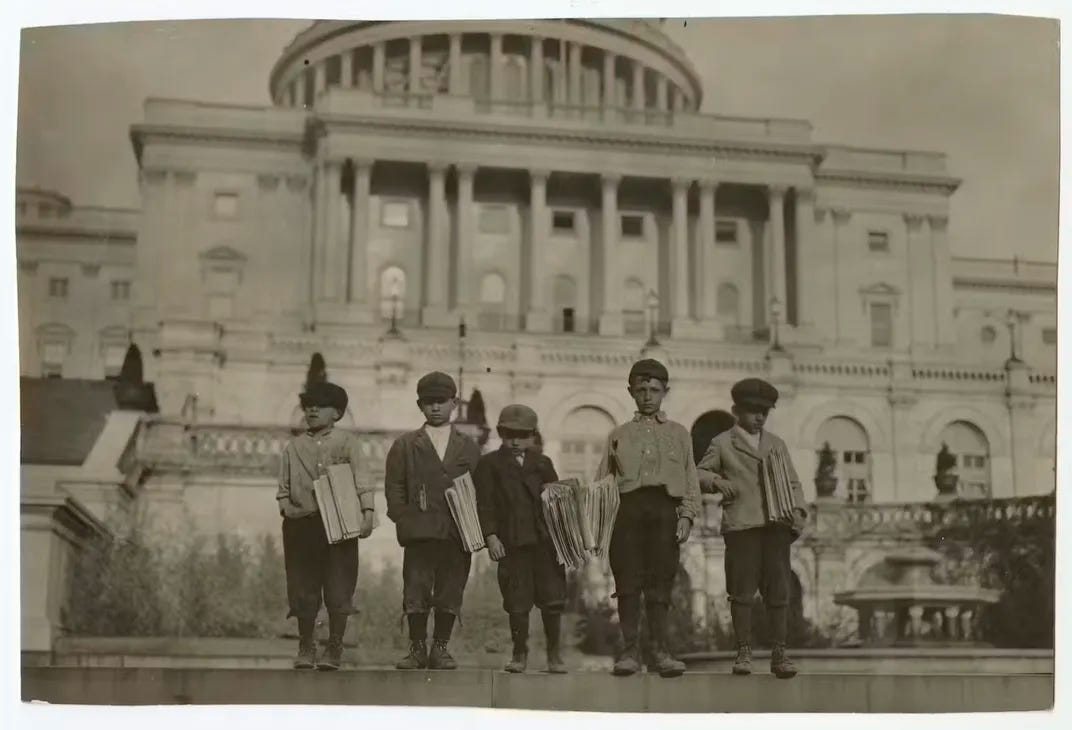 Lewis Wickes Hine, Group of Newsies Selling on Capitol steps, April 11, 1912