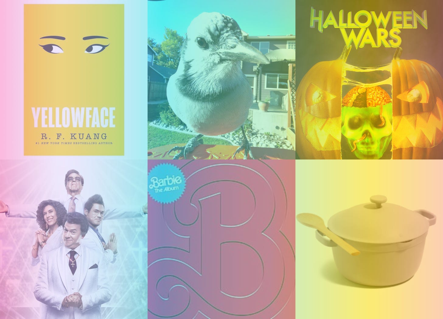 A rainbow-filtered image with 6 blocks, one contains the cover of the book Yellowface, one contains a photo of a blue jay, one contains a marketing image for Halloween Wars, one contains a marketing image for The Righteous Gemstones, once contains the album cover for Barbie The Album and one contains a Perfect Pot from Our Place