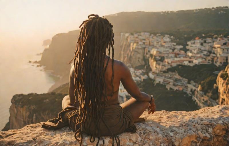 A black woman yogi with dreadlocks sitting on the edge of a cliff with her back turned to the camera