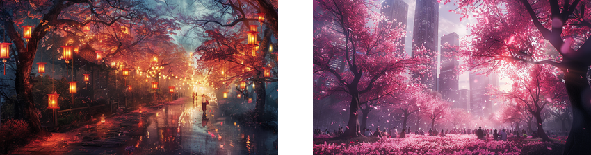 The image on the left portrays a romantic and atmospheric evening scene, possibly after a rain, with a path lined by cherry blossom trees illuminated by traditional Japanese lanterns. A couple is seen in the distance, walking under umbrellas, which adds a human element to the otherwise still scene.  On the right, a vibrant and somewhat futuristic landscape is depicted, where a park with blooming cherry trees in the foreground contrasts with the modern skyscrapers in the misty background. The scene is bathed in a dreamlike pink hue, with the city's architecture partially obscured by the dense blossoms, creating an enchanting urban springtime tableau.