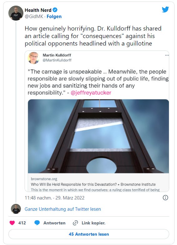Health Nerd auf Twitter: How genuinely horrifying. Dr. Kulldorff has shared an article calling for "consequences" against his political opponents headlined with a guillotine