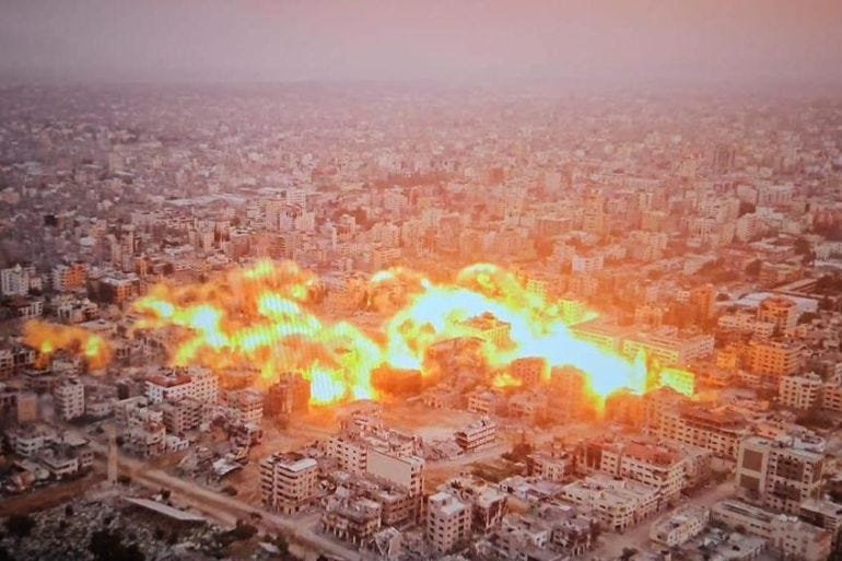 The author's neighbourhood in Gaza City, under Israeli bombardment [courtesy Maram Humaid/Al Jazeera]