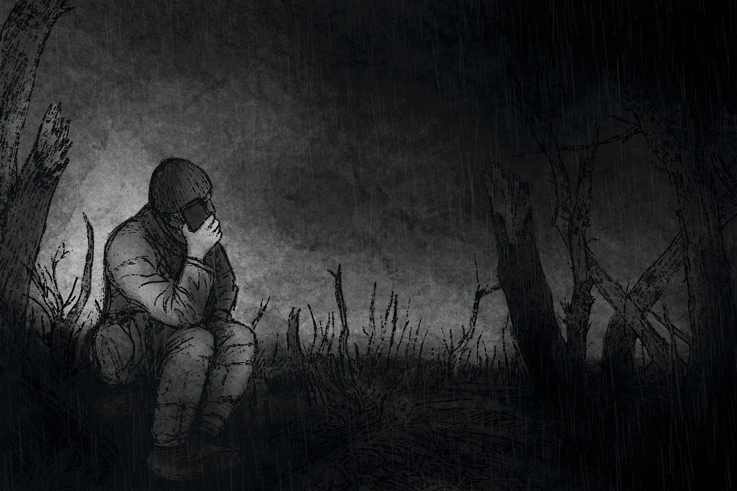 An illustration of a Russian soldier on the phone.