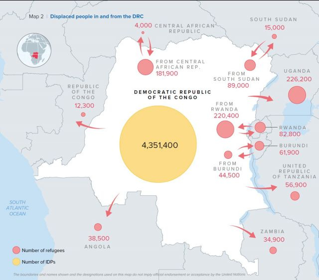 Map showing more than 4 million internally displaced people in the DRC, and flows of hundreds of thousands of refugees to neighboring nations