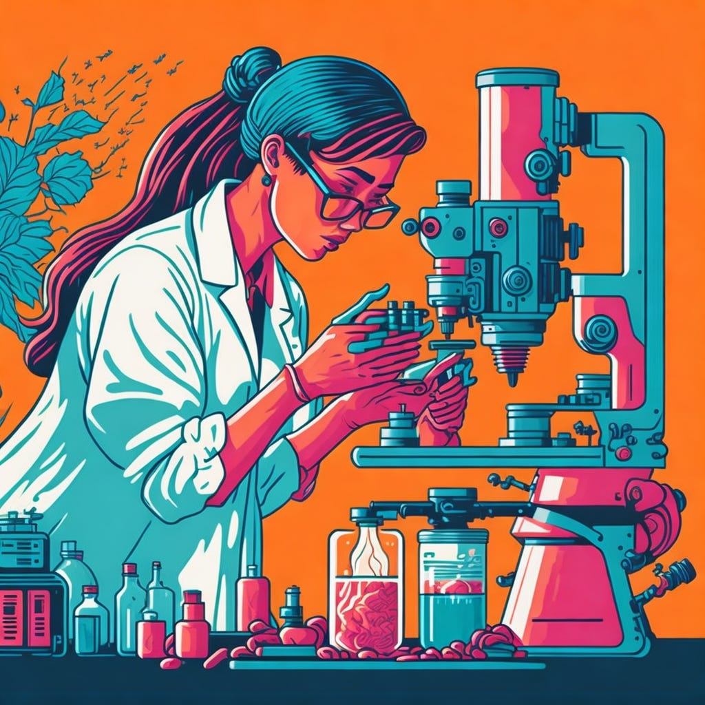Prompt: “A detailed illustration of a female scientist working in a lab, looking at a shipment package through a microscope, t-shirt graphic design piece of artwork, colorful shades, highly detailed clean, vector image, flat white background, vibrant vector, t-shirt design, high tech, modernistic, bright colors, line art, background white, no shadows.” - Generated by Leonardo.ai