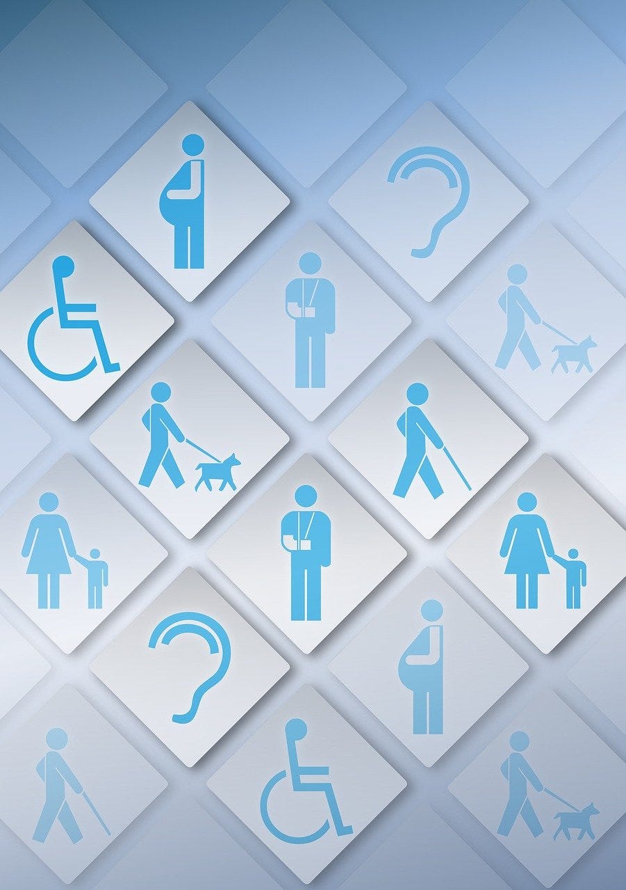 a graphic showing different kinds of accessibility with physical, heaing, vision and other disabilities