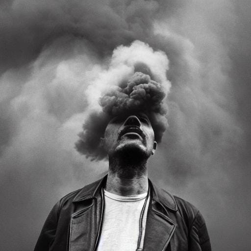 AI-generated image of a man with his head engulfed by a dark cloud