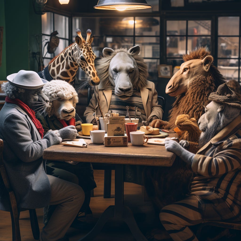 A photo of a group of animals having a conversation at a table in a cafe
