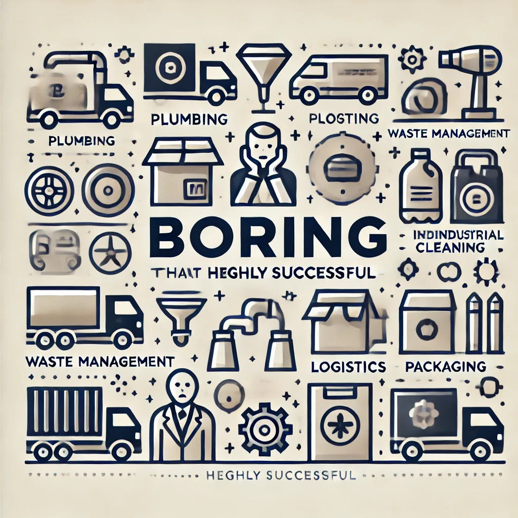 A sleek and minimalist illustration showcasing "boring" businesses that are highly successful. The image features clean icons representing industries like plumbing, waste management, logistics, packaging, and industrial cleaning, all arranged in a modern and elegant layout. The color scheme is professional with neutral tones and subtle gradients, conveying a sense of sophistication and success.
