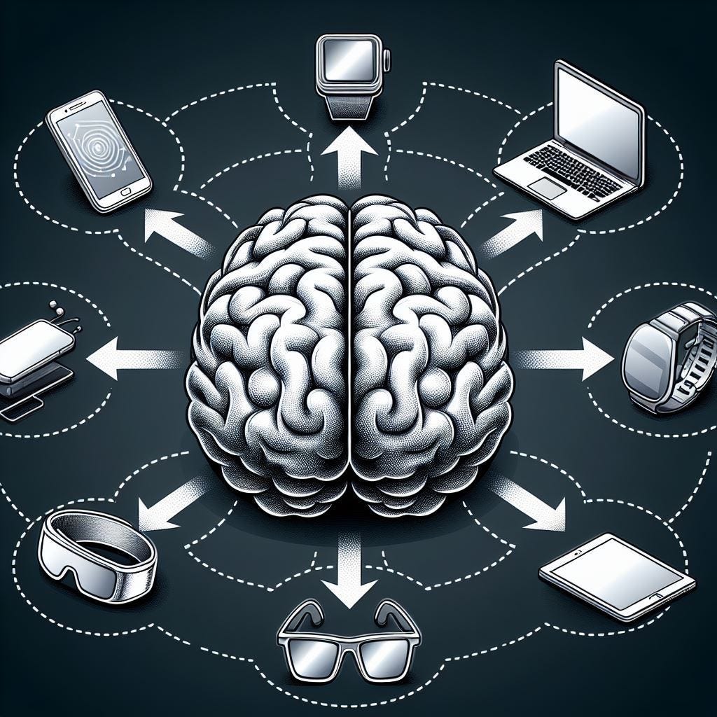 A brain with arrows pointing out at different technology devices, such as smartphones, smart watches, tablets, laptops and extended reality glasses.