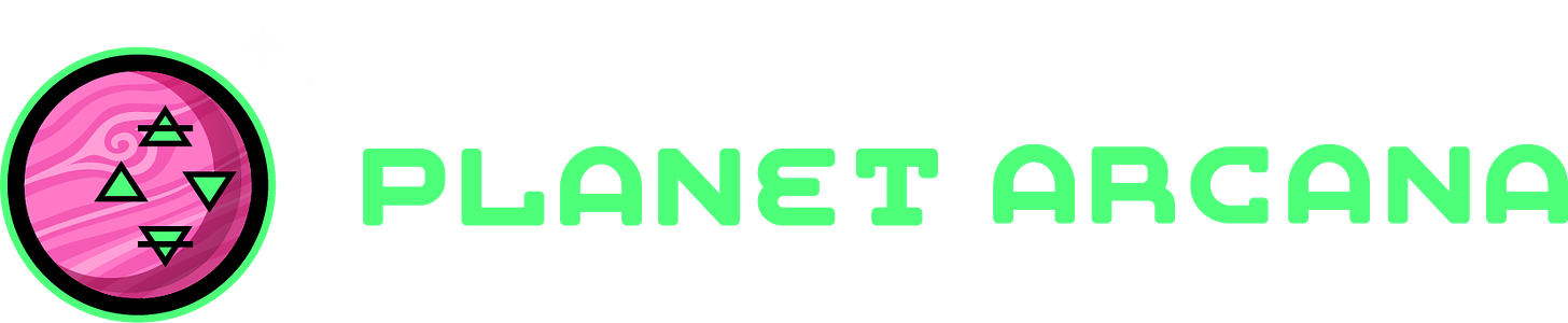 Pink and green planet face logo, green futuristic typeface reading, "Planet Arcana"