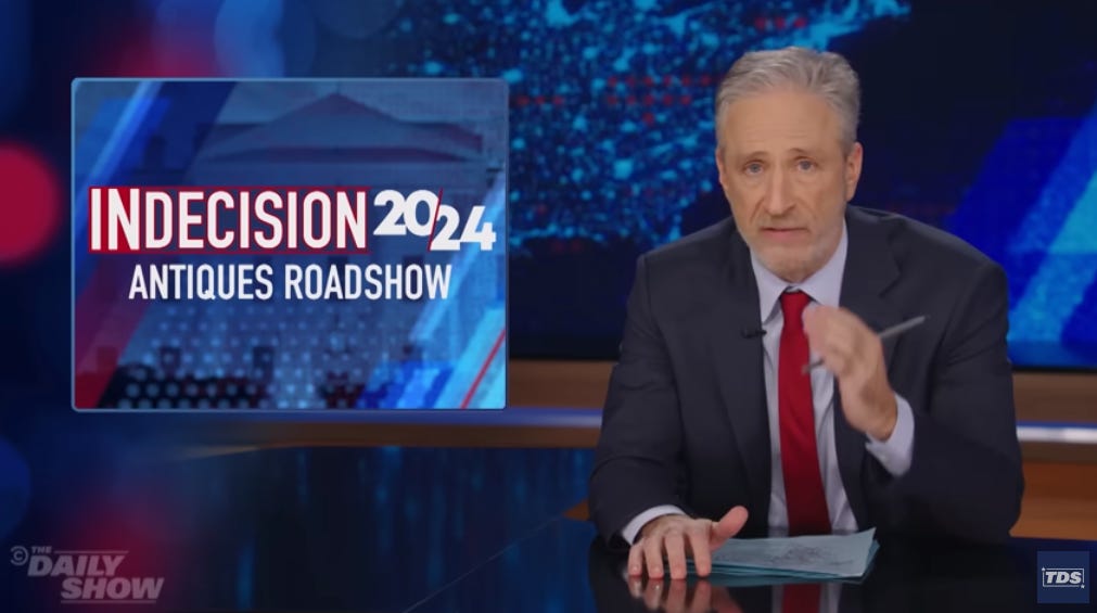 A screencap from The Daily Show's first episode with Jon Stewart this year.