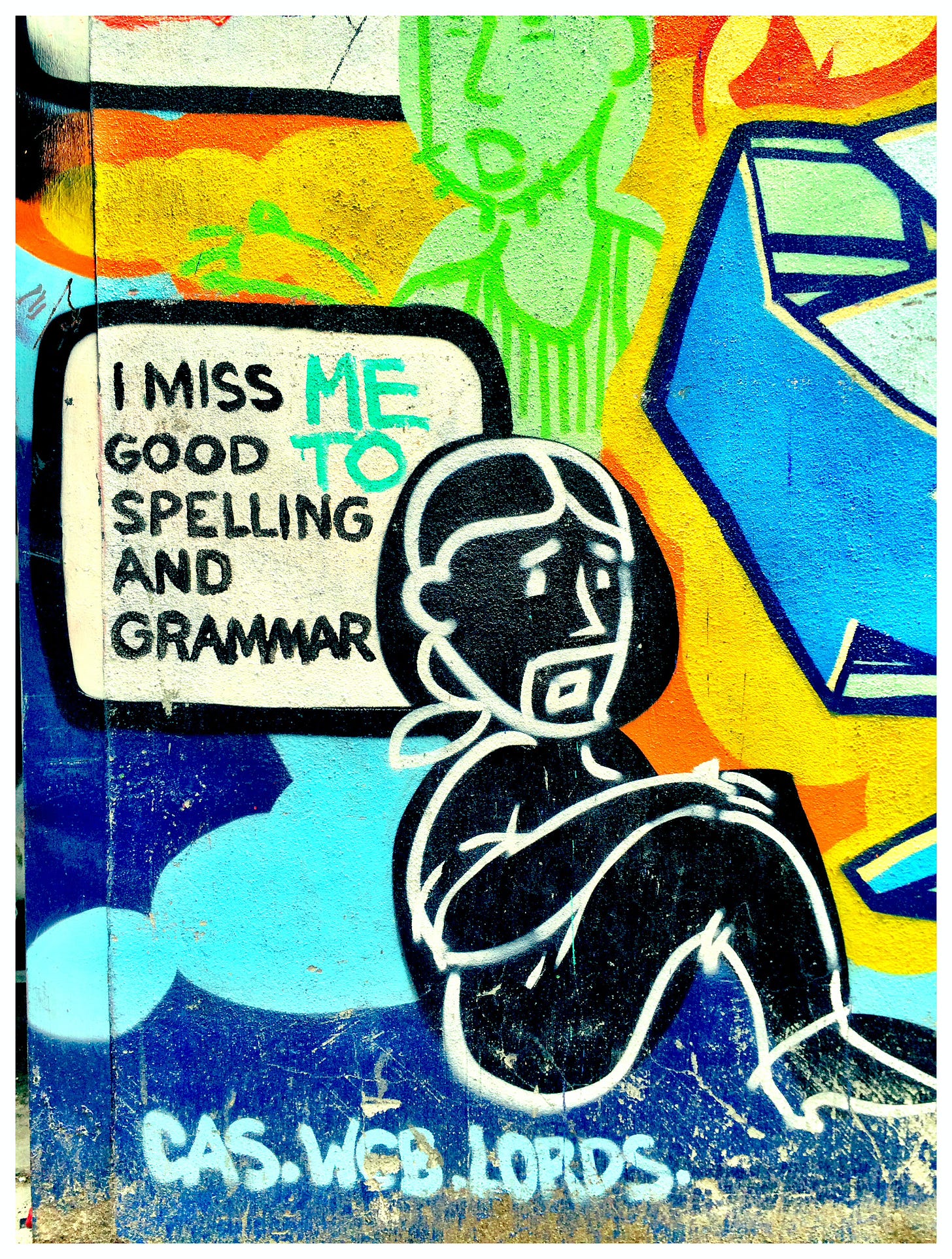 A colorful graffiti image of a figure with a bubble near its head reading "I MISS GOOD SPEELING AND GRAMMAR," and in green paint, the word "ME TO" has been written in the bubble.
