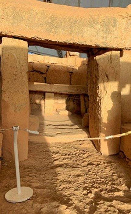 The 2019 rising Spring Equinox sun shines down the central corridor of Mnajdra Temple and touches the main altar at the end. (Image © Elyn Aviva)