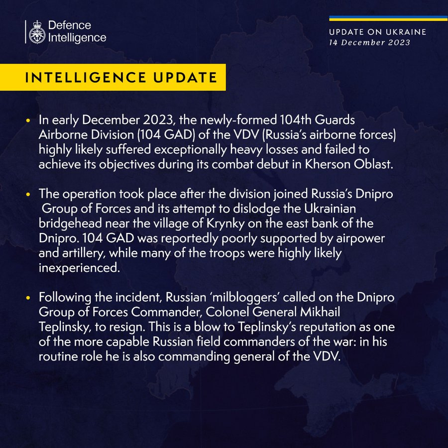 Latest Defence Intelligence update on the situation in Ukraine – 14 December 2023.  
