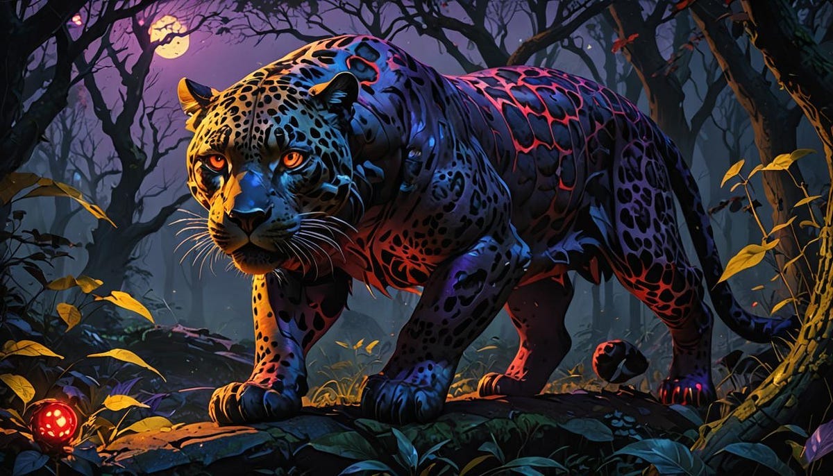 Jaguar, face on, in moonlight