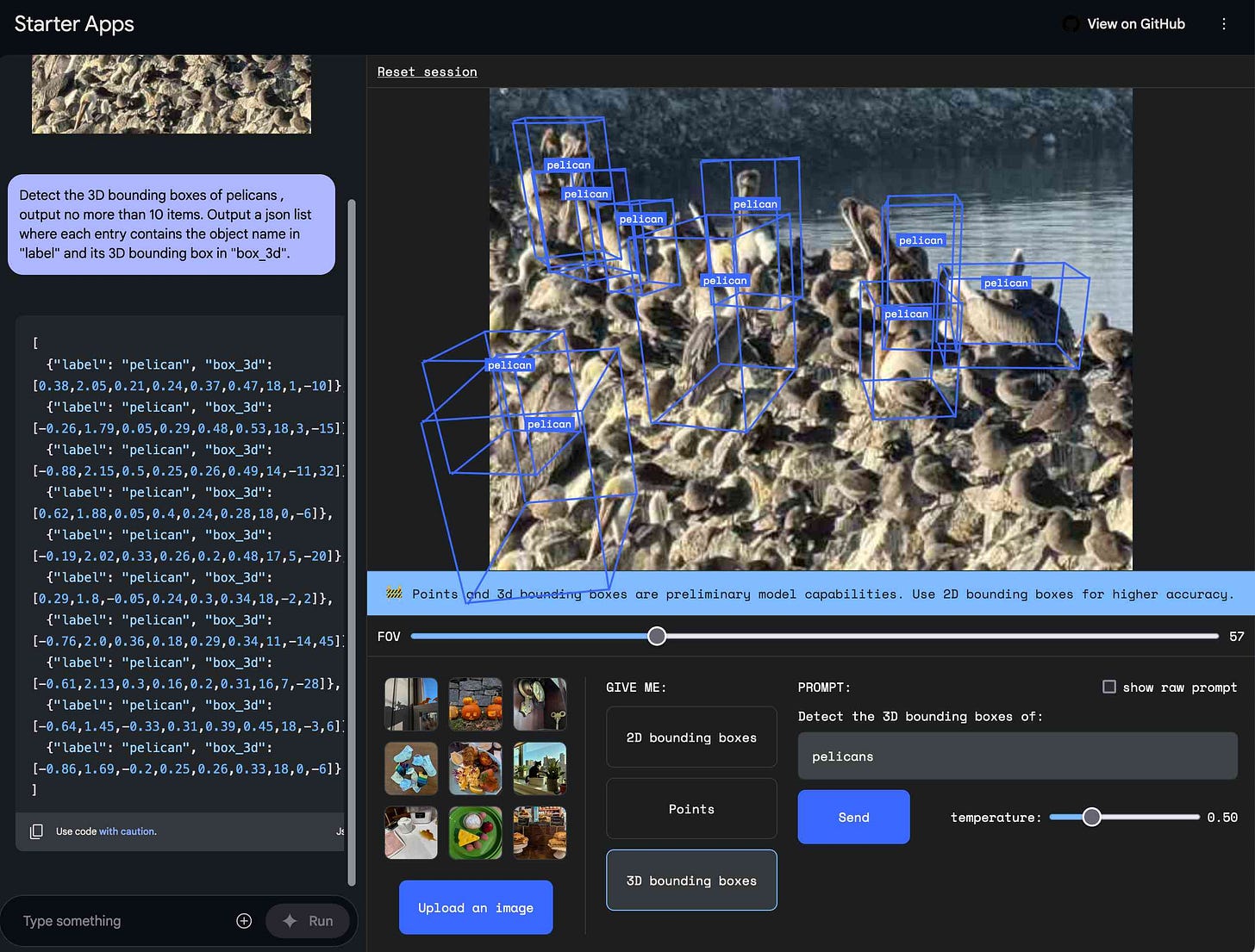 Prompt is Detect the 3D bounding boxes of pelicans , output no more than 10 items. Output a json list where each entry contains the object name in "label" and its 3D bounding box in "box_3d" - the model has returned a JSON list like that and is showing the photograph of pelicans on the right covered in exciting 3D boxes, which look like they about line up with the 2D pelicans