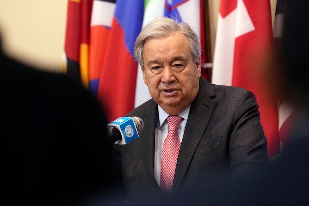 N Secretary General Antonio Guterres answers media questions after he delivered remarks on Syria outside the UN Security Council, on December 19, 2024. (AP)