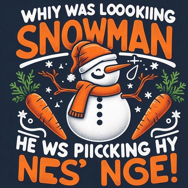 Laughing snowman with two carrots on either side of him.