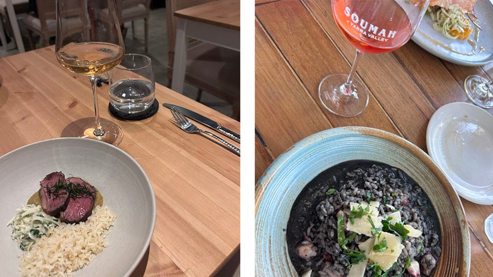 On the left is a plate with duck breast and kohlrabi with a glass of light rose. On the right a plate of risotto with seafood and cheese, and another glass of deeper pink rose. On the left is a plate with duck breast and kohlrabi with a glass of light rose. On the right a plate of risotto with seafood and cheese, and another glass of deeper pink rose.