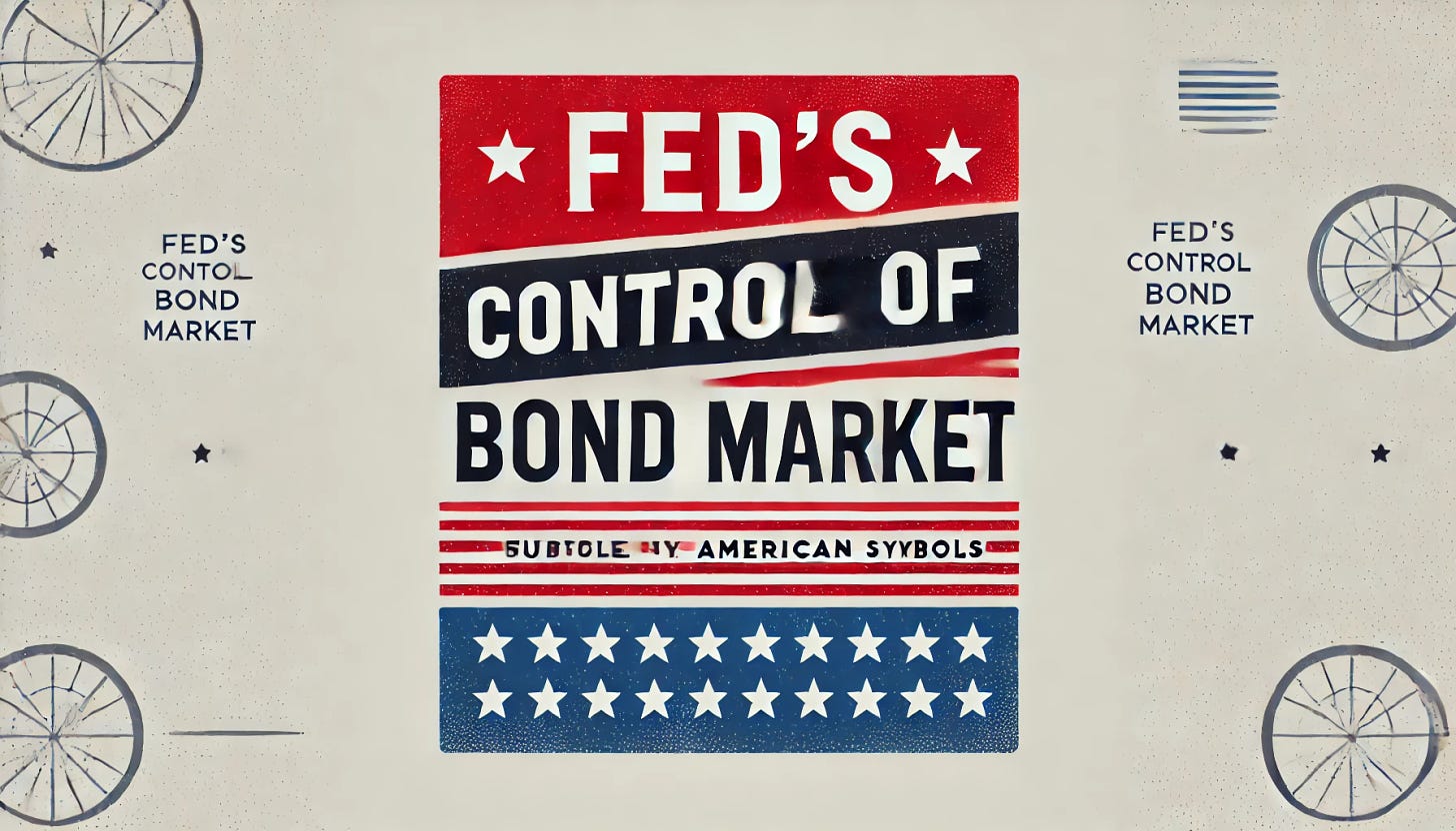 Create a simple, minimalist landscape graphic for 'FED’S CONTROL OF BOND MARKET' with an American theme in red, white, and blue. Use bold, clean typography for the title and incorporate a subtle American touch, such as faint stars or stripes in the background. Keep the design highly uncluttered, focusing on a professional, patriotic feel without extra symbols. Suitable for a headline or announcement.