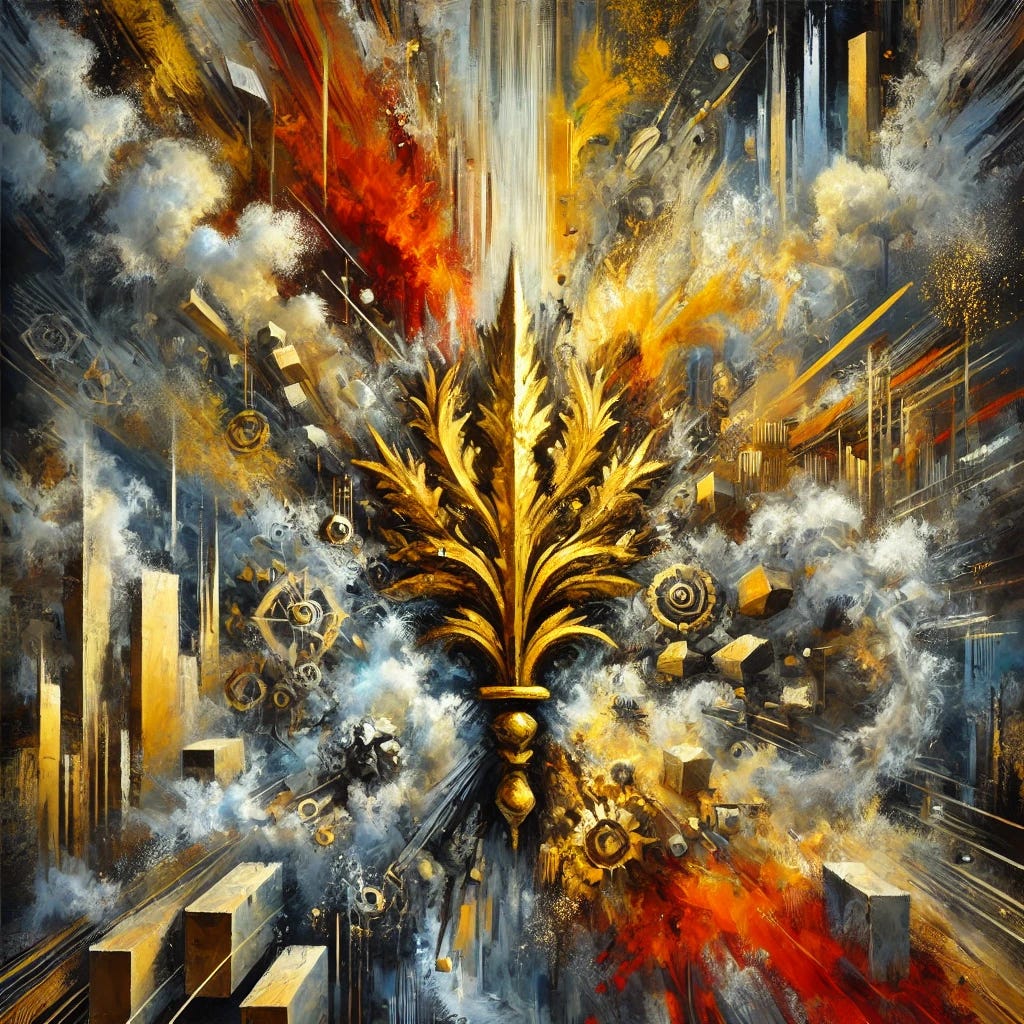 An abstract painting inspired by the fall of tyrants and the fragility of authoritarian power. The composition features a central motif of a golden weapon dissolving into chaotic brushstrokes, symbolizing the illusion of invincibility. Use bold contrasts between vibrant gold and deep shadows to represent power and fear. Incorporate fractured shapes, crumbling structures, and swirling patterns to reflect instability, paranoia, and the internal collapse of regimes. Bright, energetic bursts of red and orange suggest protest and uprising, while cooler tones convey control, surveillance, and isolation. The overall aesthetic should be dynamic, layered, and emotionally intense.