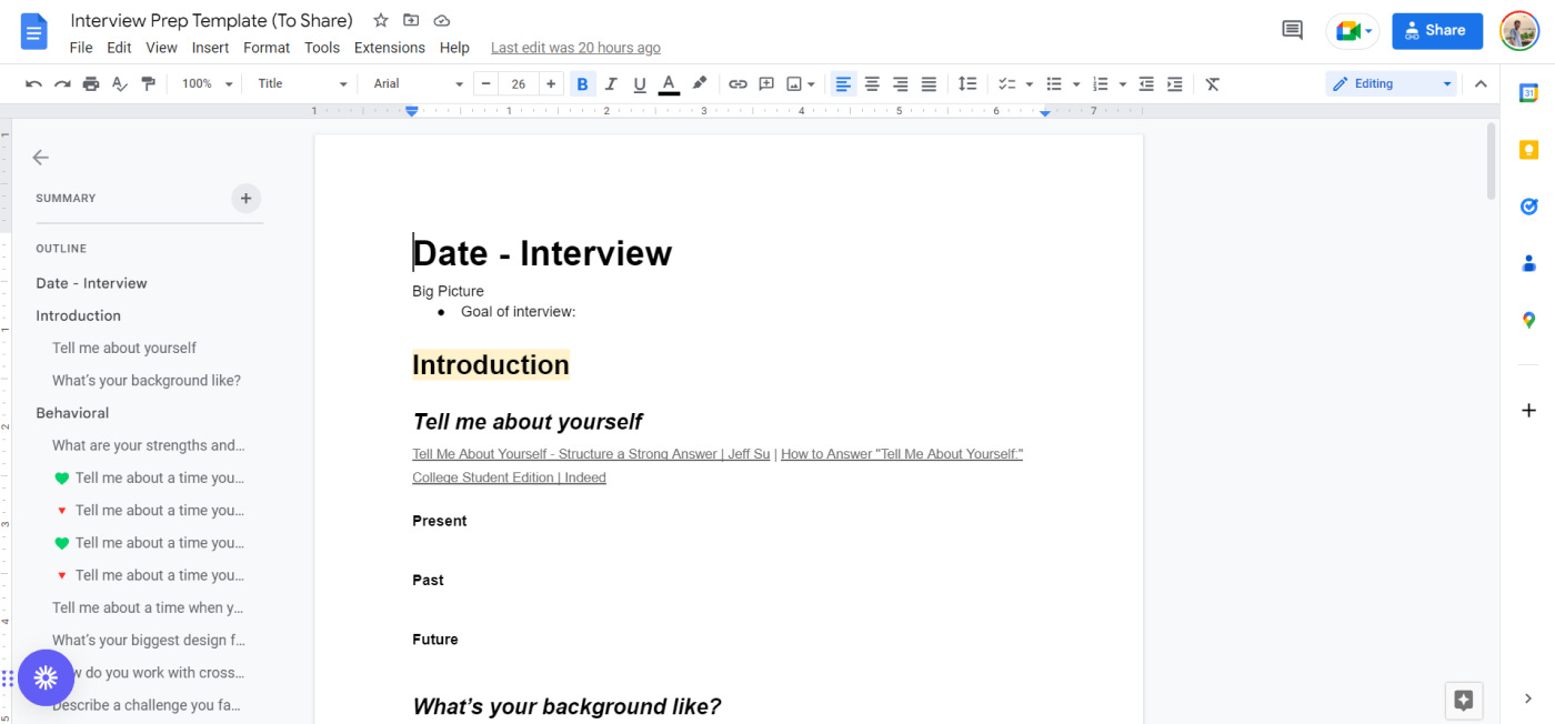 google document of the interview prep template
