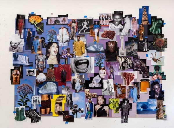 A collage of various people, plants, clothes and other objects against a blue and purple background.