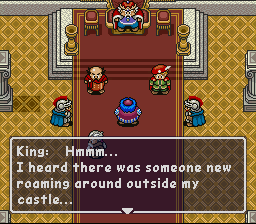 A screenshot from the patched English language version of Taloon's Great Adventure, where the king is saying to Taloon, in the throne room full of advisors, that "Hmmm... I heard there was someone new roaming around outside my castle..."