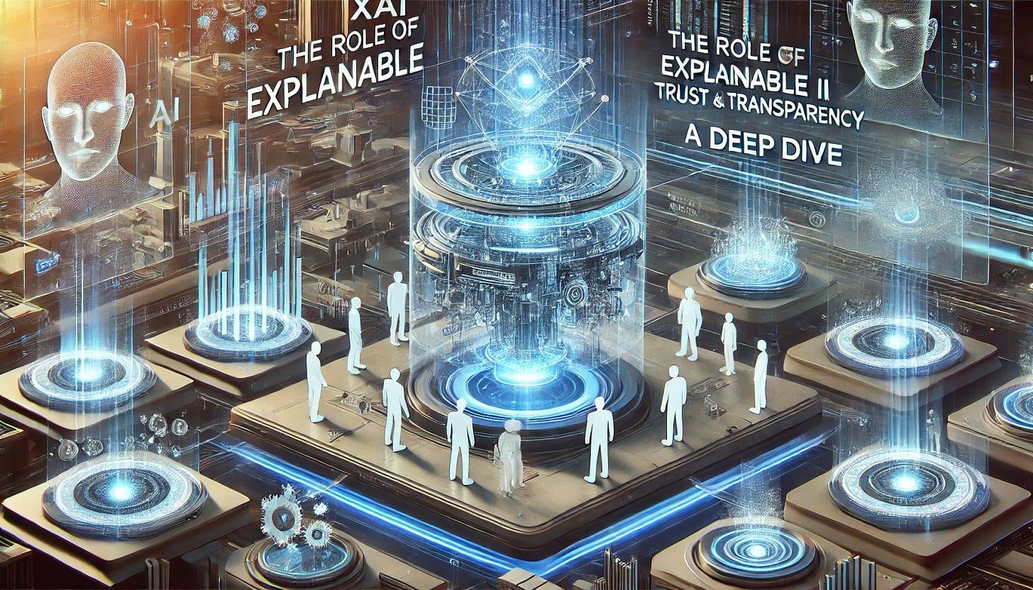 A futuristic horizontal illustration depicting the concept of 'The Role of Explainable AI (XAI) in Building Trust and Transparency: A Deep Dive'. The scene features a highly advanced AI system in the center, surrounded by transparent layers and holographic interfaces. These layers represent the different levels of explanation and understanding provided by XAI. The AI system is connected to various human figures who are interacting with the interfaces, symbolizing trust and engagement. The background shows a high-tech cityscape with neon lights, emphasizing the futuristic theme.