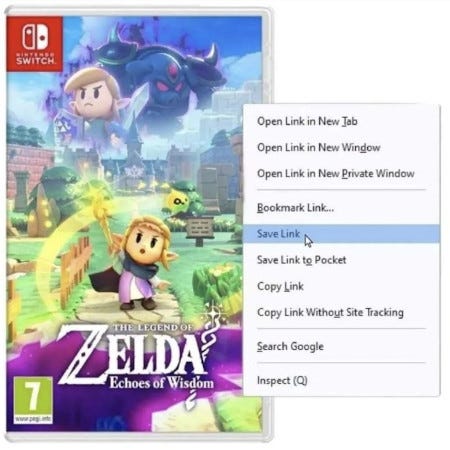 The image shows a screenshot of the physical box edition for The Legend of Zelda: Echoes of Wisdom. The right-click context menu is opened and the mouse button is hovering over the "Save Link" option.