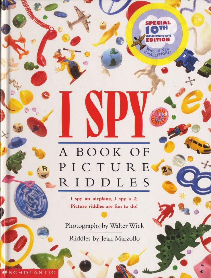This may contain: the book cover for i spy, with lots of pictures and words in red on it