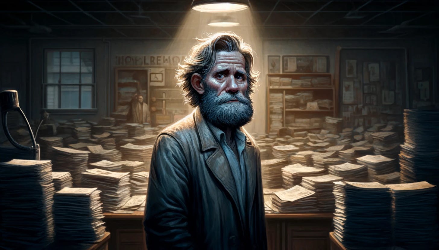 Revise the widescreen caricature-style illustration to depict the journalist as a bearded, jaded character saying goodbye to his newsletter and its readers. The bearded journalist, with a look of weary resignation, stands in a dimly lit room surrounded by stacks of old newsletters and a cluttered desk. His beard is unkempt, symbolizing the long years spent in the pursuit of truth and journalism. His expression is one of melancholy mixed with a trace of cynicism, reflecting his seasoned experience and the emotional weight of his farewell. The room's single light source casts dramatic shadows, enhancing the reflective and somber mood of the scene, capturing this poignant moment in a more visually compelling and detailed manner.